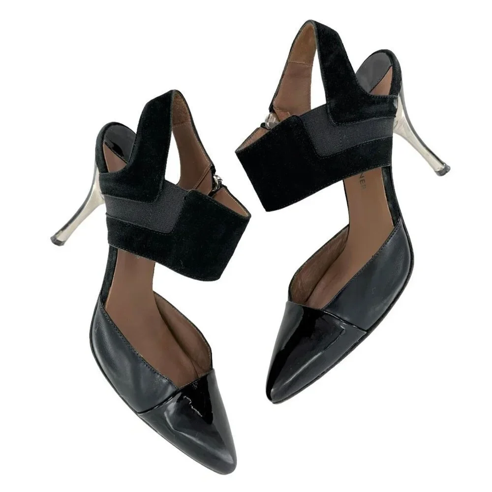 Donald Pliner BRAVA Black Patent Leather and Suede Ankle Strap Zip Heels Size 7